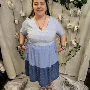 Blue Tiered Dress with Floral Embroidery